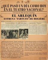 Cápsulas históricas 2022. Estreno de  la obra “Tartufo” del dramaturgo Molière, producción del grupo El Arlequín en el Teatro Nacional, nota de prensa del periódico La Nación, en fecha 22 d